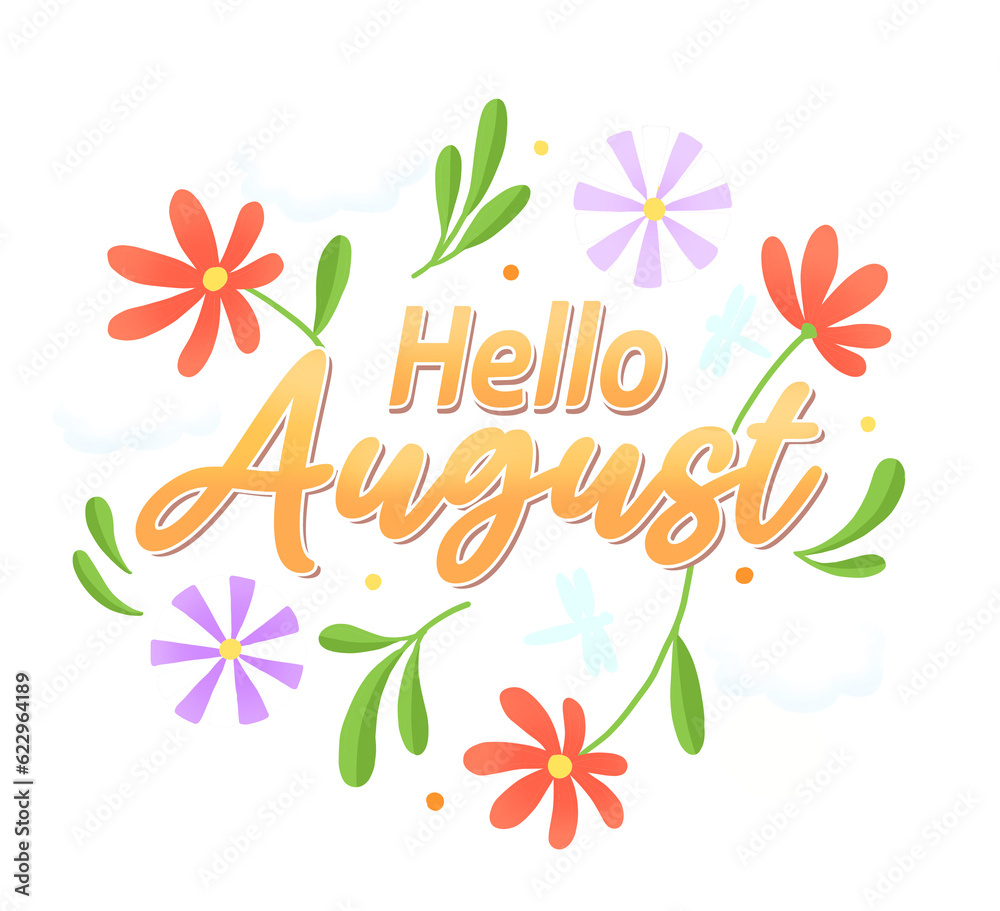 hello august illustration with flowers and plants