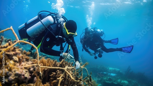 Fototapeta Naklejka Na Ścianę i Meble -  Team of marine scientists conducting a coral restoration project in a damaged reef ecosystem