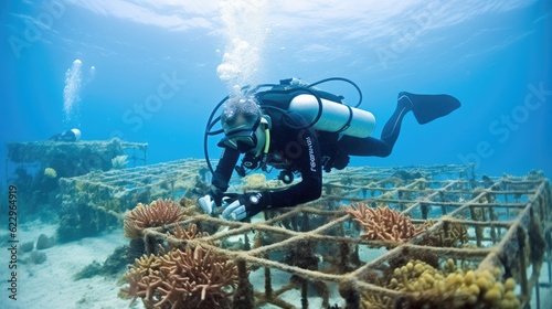 Fototapeta Naklejka Na Ścianę i Meble -  a marine scientist conducting a coral restoration project in a damaged reef ecosystem