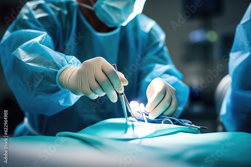 Hands of a surgeon in an operating room close-up, steady and precise gloved hands delicately manipulate surgical instruments during a complex procedure, photo