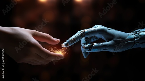 Foto The human finger delicately touches the finger of a robot's metallic finger, sparks ignite between fingers