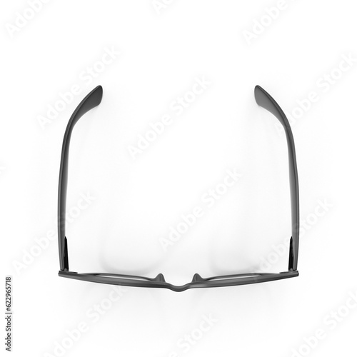 3d Eyeglasses top view with black frame isolated on white background.