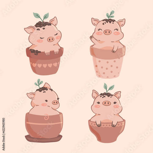 Set of Cute Pig in a Pot Vector Cliparts: Plants, Home Decor, Illustrations" - Explore this delightful collection of vector cliparts featuring adorable pigs in pots, alongside various plant and home