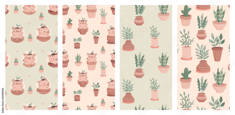 Cute Pigs in Pots: Set of Seamless Patterns with Plants and Home Decor