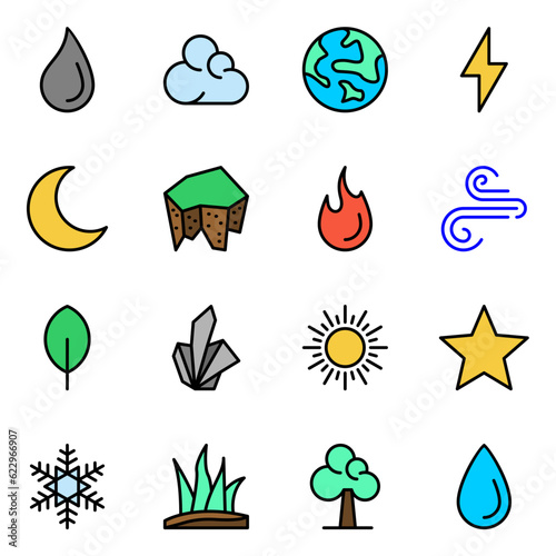 Set of 16 nature color line icons. ecology icon, cloud, earth, lightning, icon set, water, ecology, nature, leaf, fire and sun