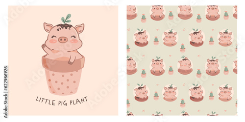 Adorable Vector Cards for Invitations and Birthdays: Little Pigs on Pot Plants, Childish, Kids, Cute, Kawaii" - Get ready to add a touch of cuteness. Seamless pattern design with little pigs