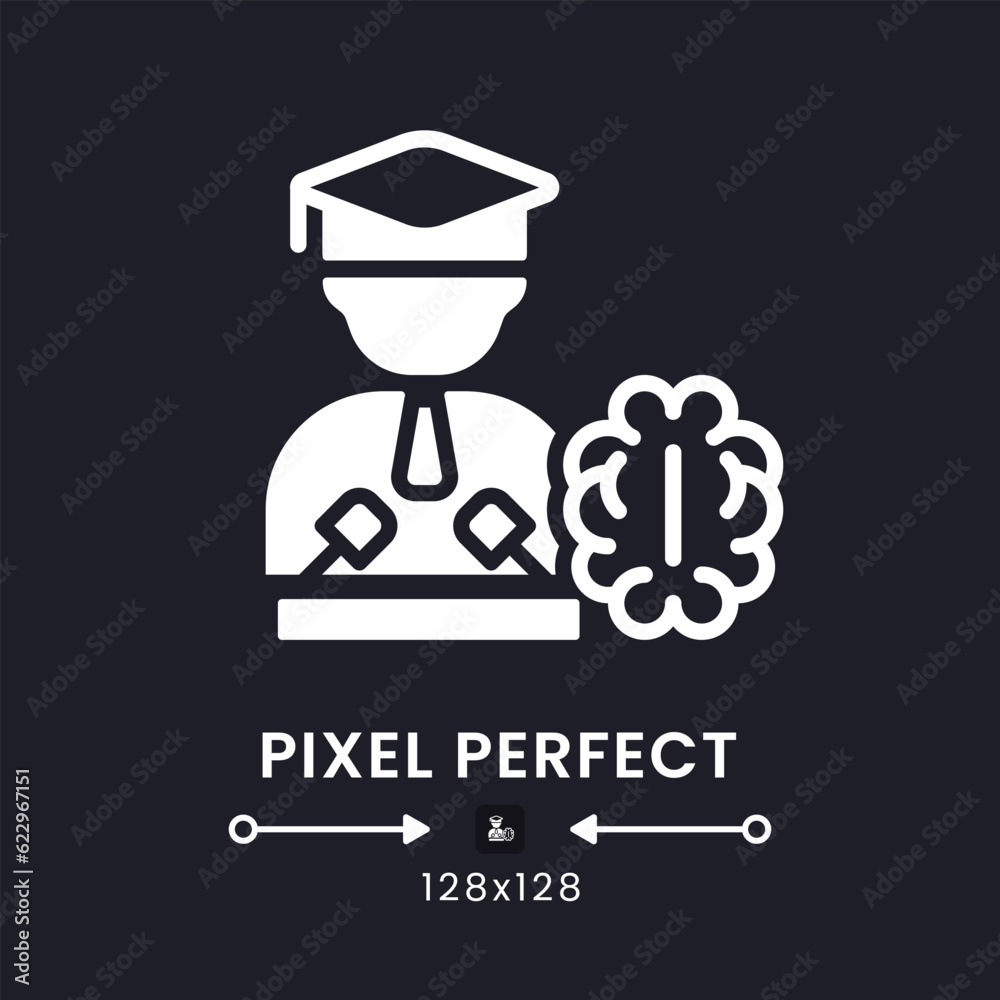Neuro influencer white solid desktop icon. Cognitive neuroscience. Social network. Pixel perfect 128x128, outline 4px. Silhouette symbol for dark mode. Glyph pictogram. Vector isolated image
