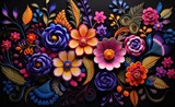 Vibrant Digital AI Masterpiece: Mexican Embroidery Style Flowers Blossom in Floral Splendor