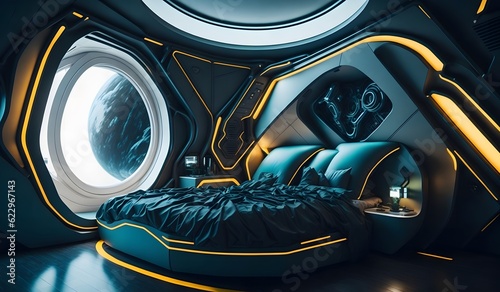 Fototapeta Naklejka Na Ścianę i Meble -  Futuristic bedroom in spaceship background. Generative AIFuturistic bedroom in spaceship background. Generative AI