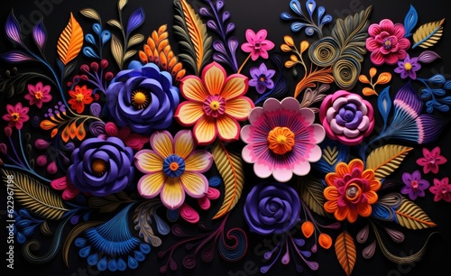 Vibrant Digital AI Masterpiece: Mexican Embroidery Style Flowers Blossom in Floral Splendor