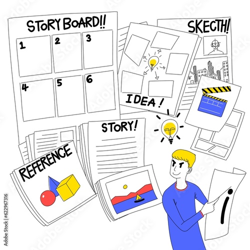 Man with simple sketch and steps the process of idea to the storyboard, any storyboard idea, info