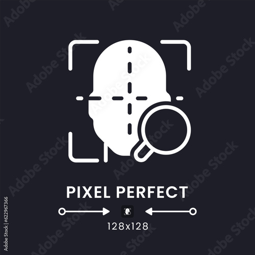 Facial coding white solid desktop icon. Face recognition. Measuring human emotions. Pixel perfect 128x128, outline 4px. Silhouette symbol for dark mode. Glyph pictogram. Vector isolated image