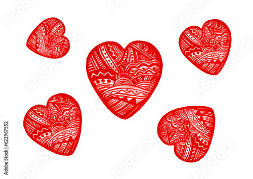 Pattern of hearts of different sizes randomly arranged on a white background. The hearts are filled with a red geometric ornament. Lines, waves, triangles, dots. Watercolor blur. Doodle. photo