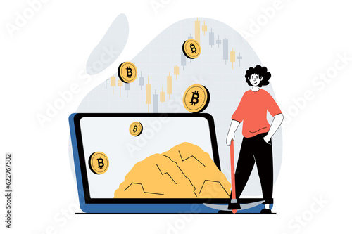 Cryptocurrency mining concept with people scene in flat design for web. Man with pickaxe working in mining crypto business at laptop. Illustration for social media banner, marketing material.
