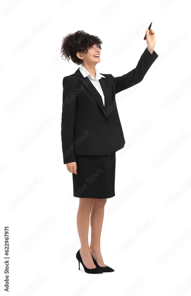 Beautiful happy businesswoman with marker on white background Beautiful happy businesswoman with marker on white background