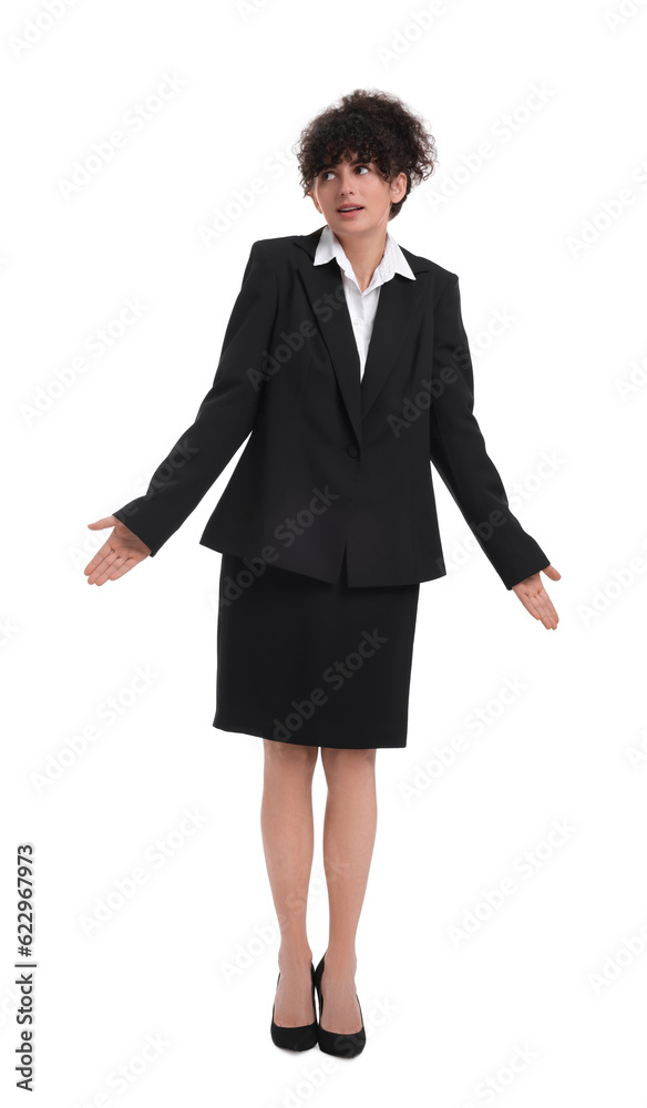 Beautiful emotional businesswoman in suit on white background Beautiful emotional businesswoman in suit on white background