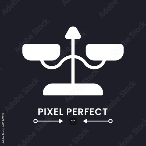 Balance scales white solid desktop icon. Weight measuring device. Court justice. Equality symbol. Pixel perfect, outline 4px. Silhouette symbol for dark mode. Glyph pictogram. Vector isolated image