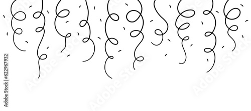 Doodle hanging confetti and streamers banner. Hand drawn celebration banner with falling confetti. Doodle party firecracker border texture. Vector illustration on white background in childish style.