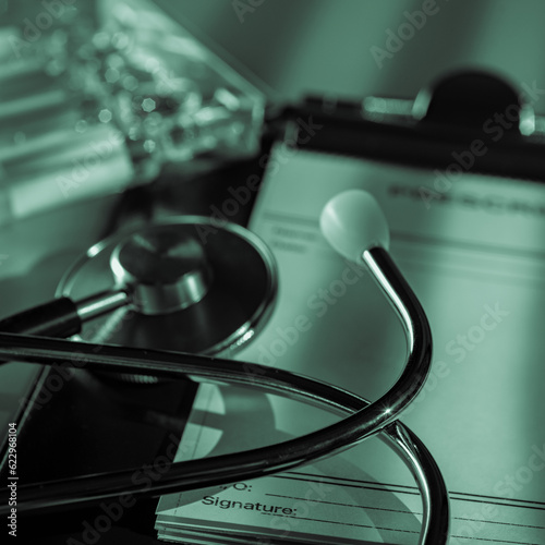 Stethoscope prescription form and vaccine bottles on doctor's table monochrome with green tinting