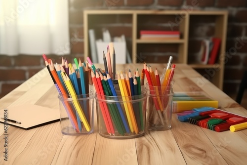 School supplies on table. Generate Ai