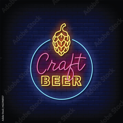 Neon Sign craft beer with brick wall background vector