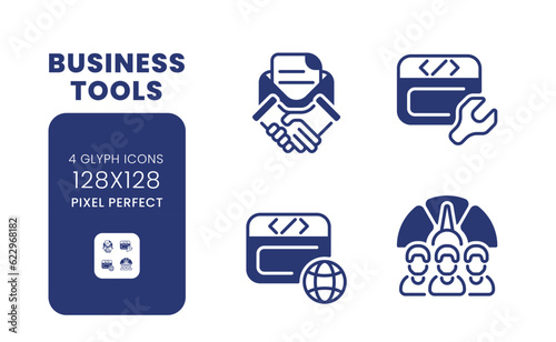Business tools black solid desktop icons pack. Computer technology. Collaboration software. Pixel perfect 128x128, outline 4px. Symbols on white space. Glyph pictograms. Isolated vector images