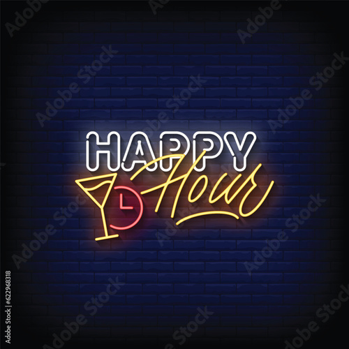 Neon Sign happy hour with brick wall background vector