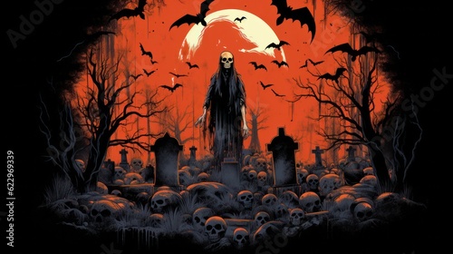 Artistic painting concept of Halloween background. Spooky Graveyard at night  digital art style illustration painting.