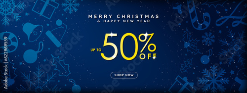 Elegant Christmas Sale Banner with gold Up to 50% off lettering on blue gradient background in framed with hand drawn Christmas elements, snowflakes, presents, snow, candy cane. Vector Illustration.