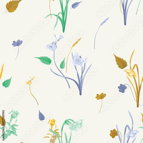 Colorful spring flowers and plants seamless pattern