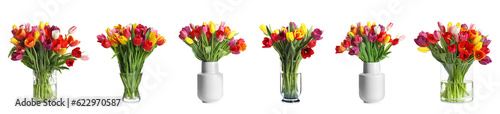Fototapeta Naklejka Na Ścianę i Meble -  Collage of stylish vases with beautiful tulip bouquets on white background