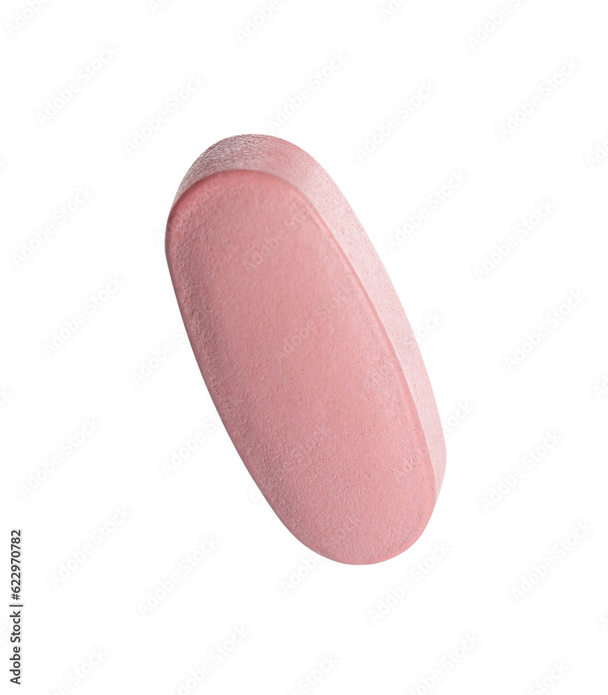 One pink pill isolated on white. Medicinal treatment One pink pill isolated on white. Medicinal treatment