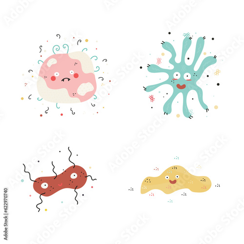 set of funny cartoon microbes, bacteria, viruses  