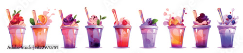 Cartoon set of plastic cups of milkshake with straw. Vector illustration of colorful cocktails decorated with whipped cream, cranberries, chocolate, brambles, orange, blueberry. Summer beverages