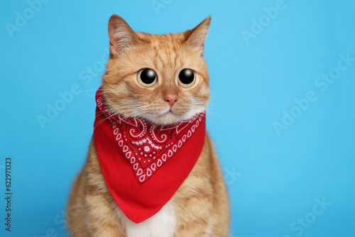 Funny pet. Cute cat with big eyes and bandana on light blue background © New Africa