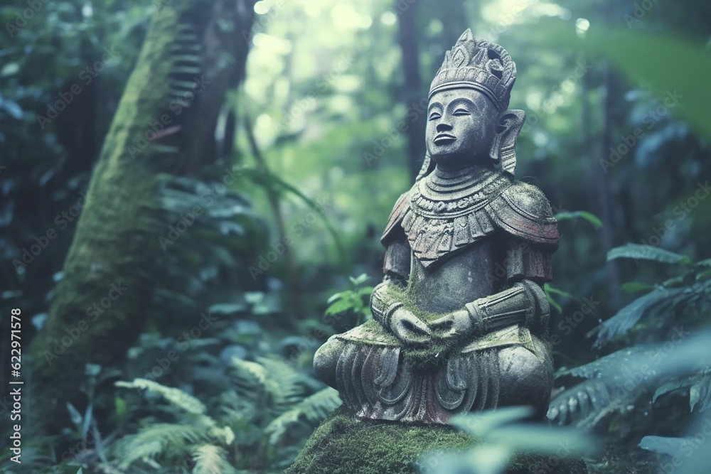 Buddha Statue in the jungle. Generative AI.