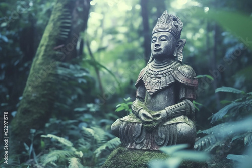 Buddha Statue in the jungle. Generative AI. © nikolya