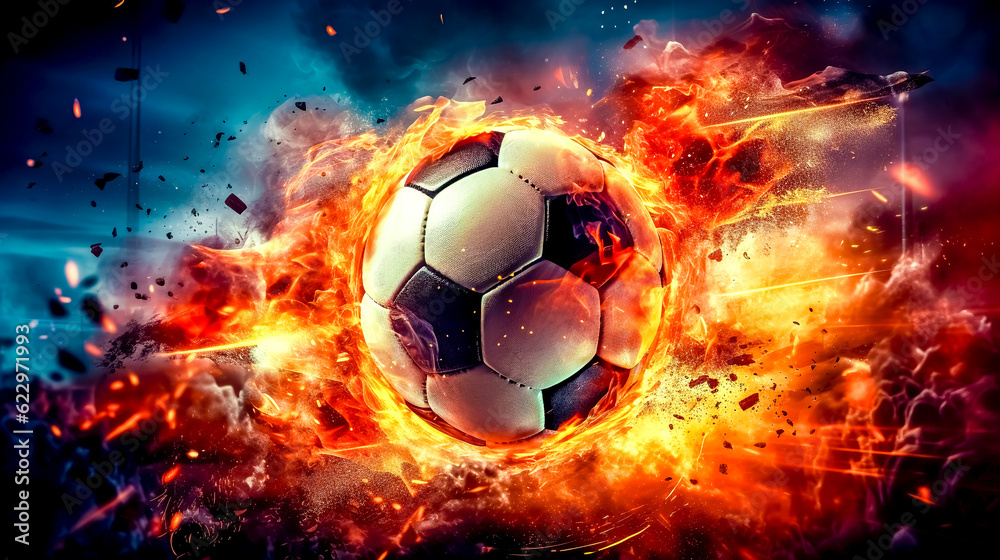 Fototapeta premium art soccer ball in a colorful explosion of fire energy and movement, sports performance, made with Generative AI