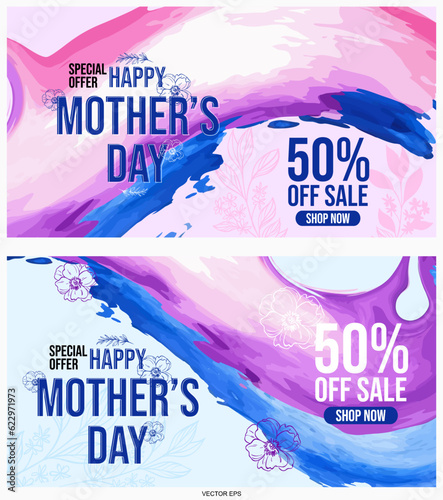 Happy Mothers Day vector Sale banner. Holiday background with brush colorfull watercolor pink, blue, purple and red. Modern design for poster, flyer, greeting card, header for website