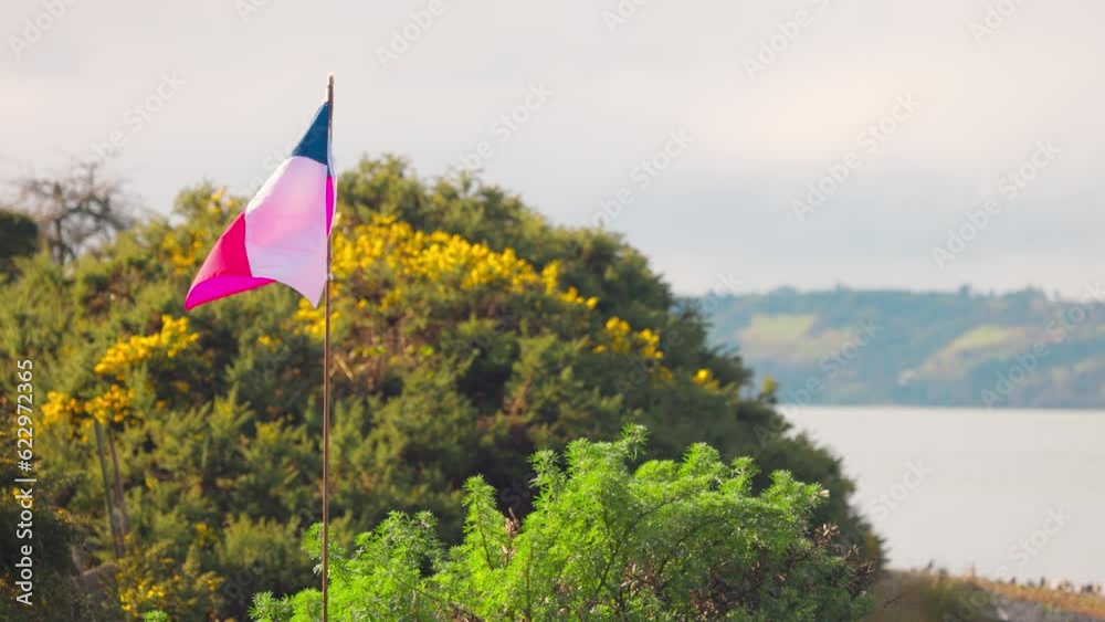 Patriotic chilean flag waving in the coast of Castro, Chiloé Archipiélago south of Chile