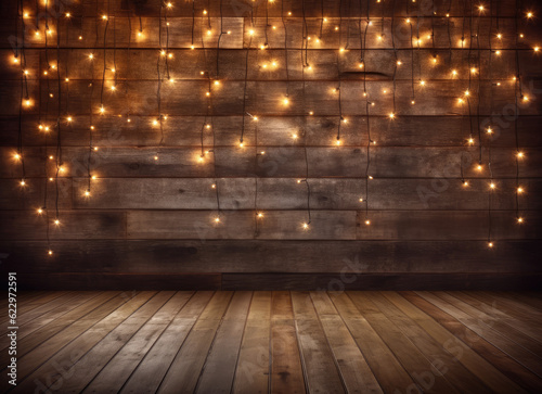 lighted christmas lights on wooden background frame