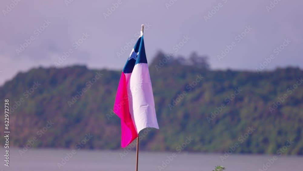 Patriotic chilean flag at fiestas patrias chile waving in Castro, Chiloé south of Chile