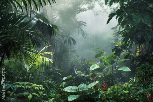 Rain in the rainforest. Wild jungle. Generative AI.