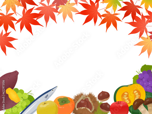 紅葉と秋の味覚のフレーム_ベクターイラスト
