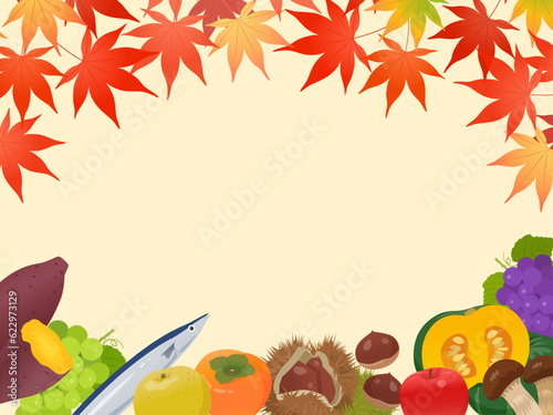 紅葉と秋の味覚の背景フレーム_ベクターイラスト