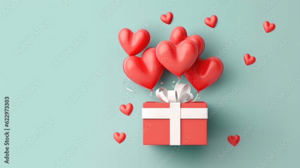 Happy birthday concept 3D heart shaped balloons flying with gift boxes on pink background. Love concept for Happy Mother's Day. Valentine's Day.