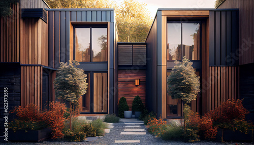 Modern modular private townhouses with wooden cladding. Ai generated image photo