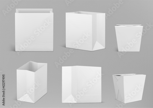 Realistic white paper bag and food container mockups isolated on transparent background. Vector illustration of open package with blank surface ready for branding, eco wrap for takeaway meal, gift