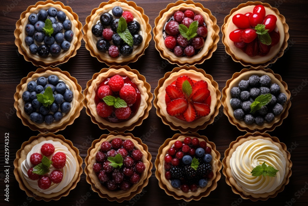 Many Different Berry Tarts On Table Top, Generative AI 