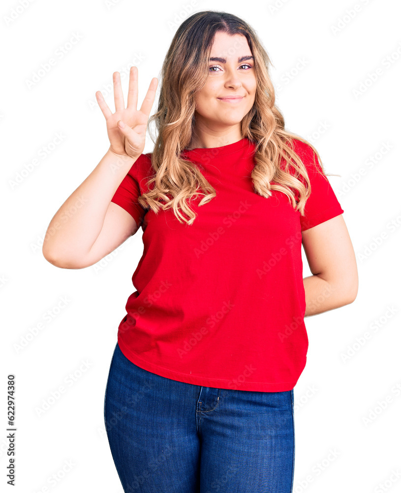 Young caucasian woman wearing casual clothes showing and pointing up with fingers number four while smiling confident and happy.